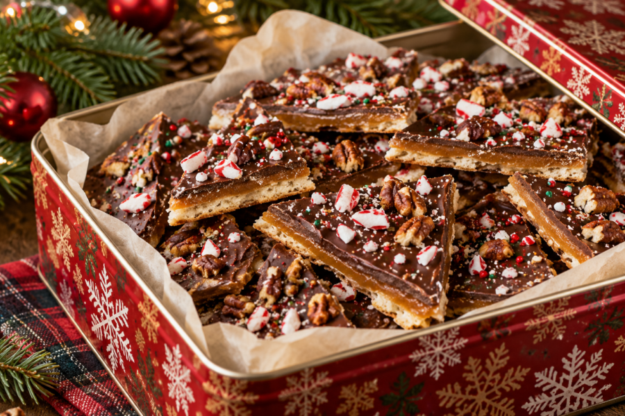 Easy Christmas crack with saltines, crisp brown-sugar toffee, semisweet chocolate, and festive toppings.