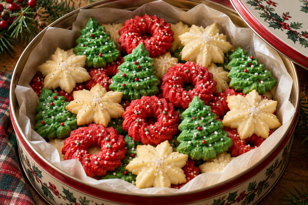 Classic Christmas spritz cookies pressed into red wreaths, green trees, and ivory stars.