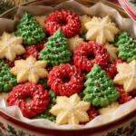 Classic Christmas spritz cookies pressed into red wreaths, green trees, and ivory stars.