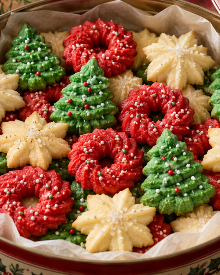 Classic Christmas spritz cookies pressed into red wreaths, green trees, and ivory stars.