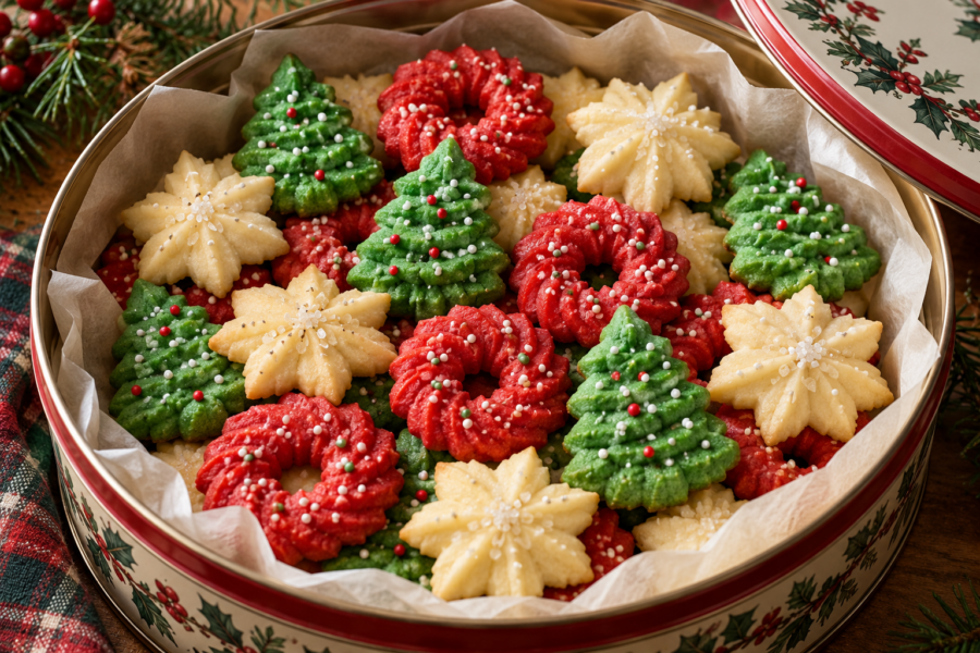 Classic Christmas spritz cookies pressed into red wreaths, green trees, and ivory stars.