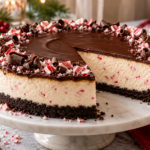 No bake peppermint cheesecake with chocolate cookie crust, creamy filling, and thin chocolate topping.