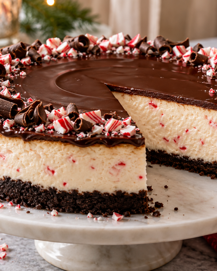 No bake peppermint cheesecake with chocolate cookie crust, creamy filling, and thin chocolate topping.
