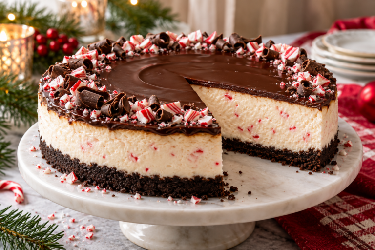 No bake peppermint cheesecake with chocolate cookie crust, creamy filling, and thin chocolate topping.