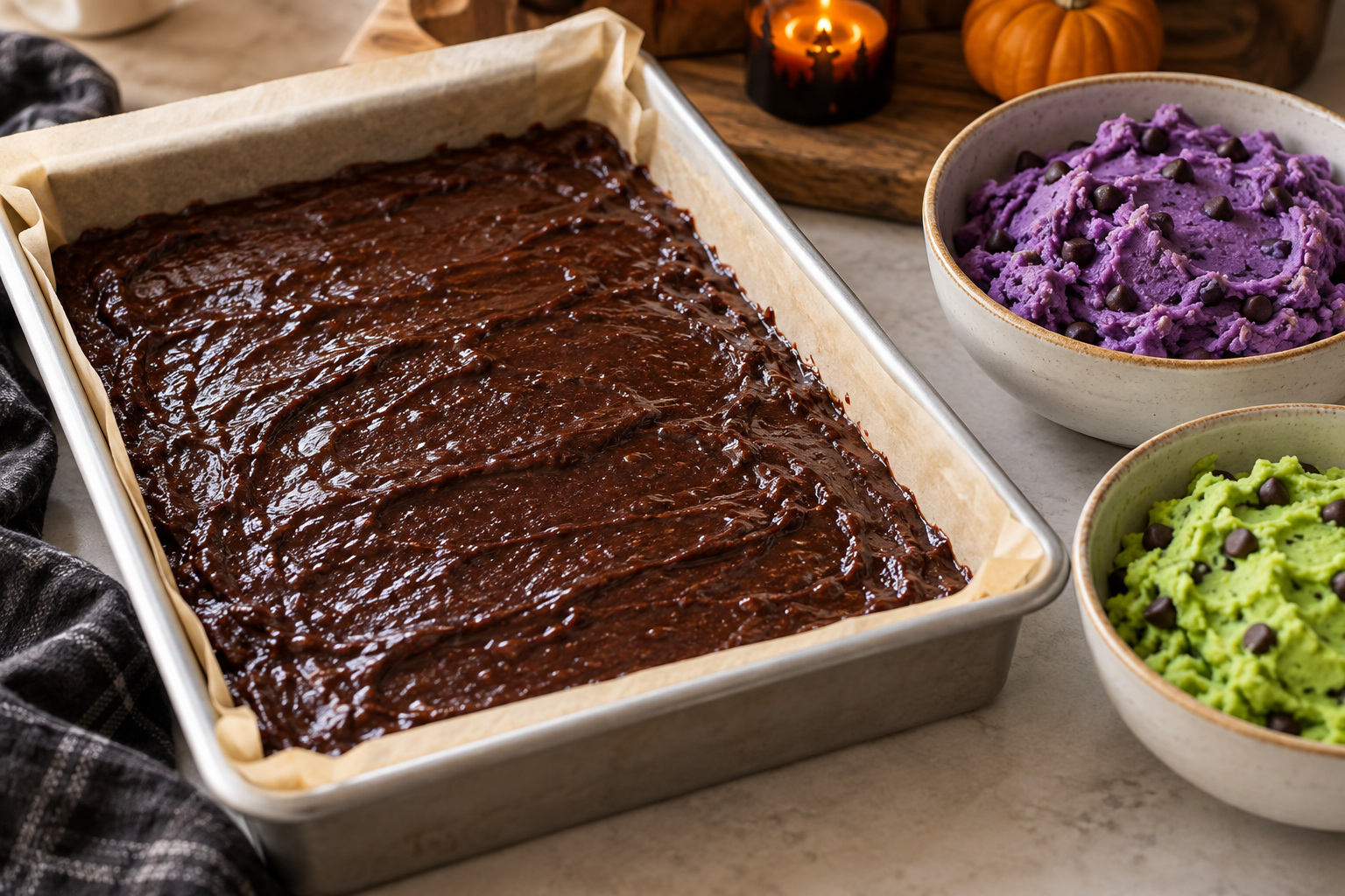 Brownie batter beside purple and green cookie dough