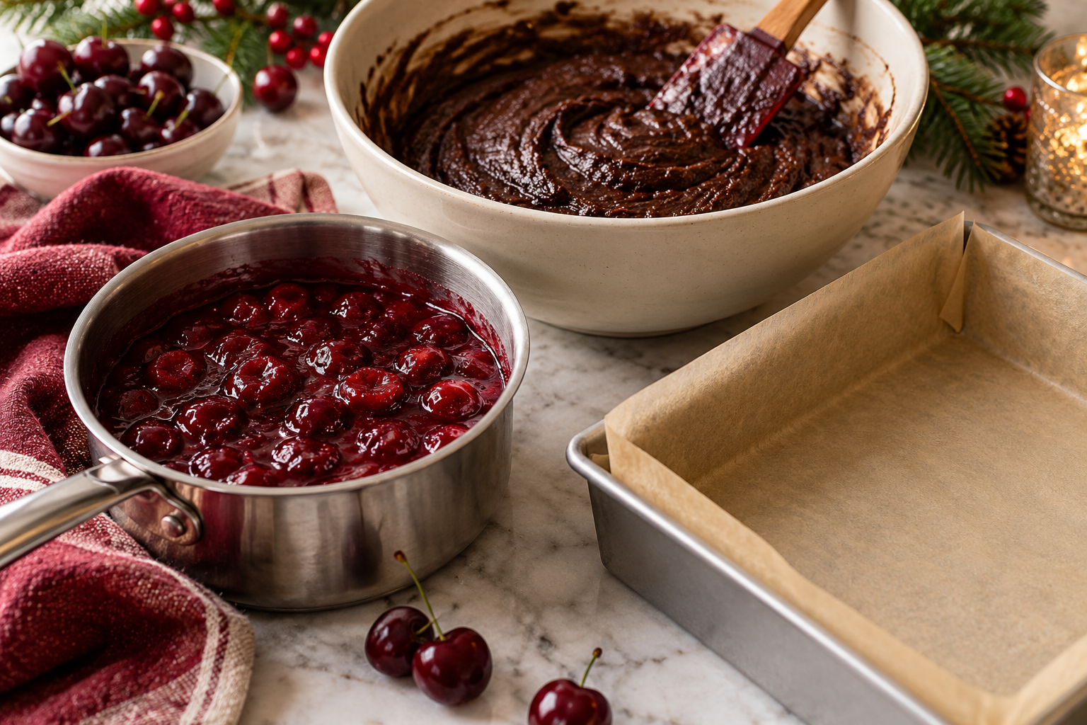 Thick cherry filling and dark chocolate batter prepared for Black Forest brownies.