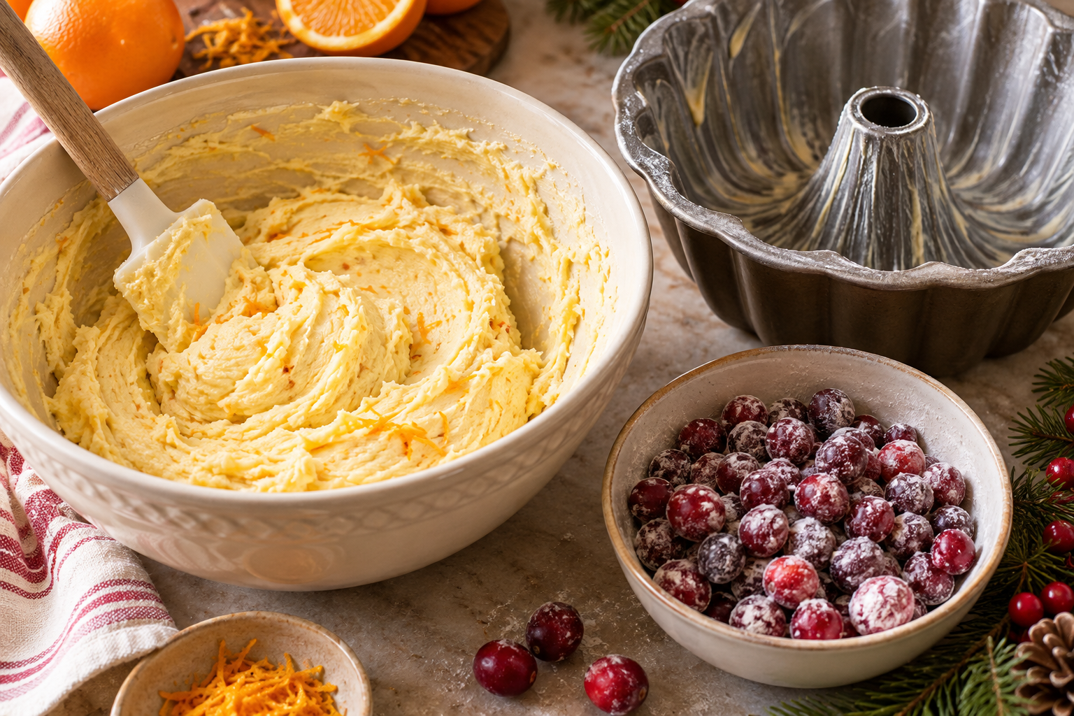 Orange cake batter and flour-coated cranberries beside a prepared Bundt pan.