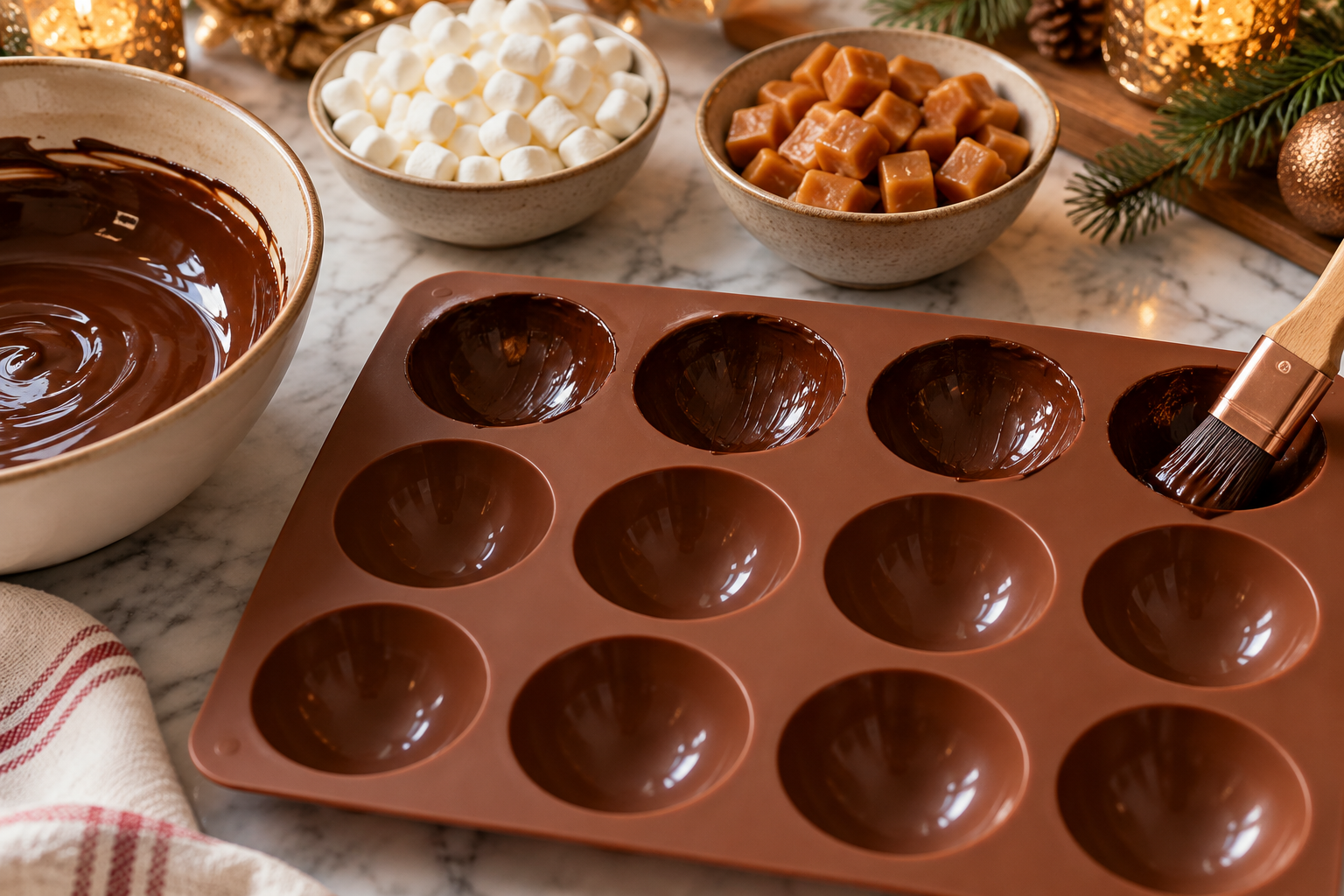 Chocolate brushed into half-sphere molds for salted caramel hot chocolate bombs.
