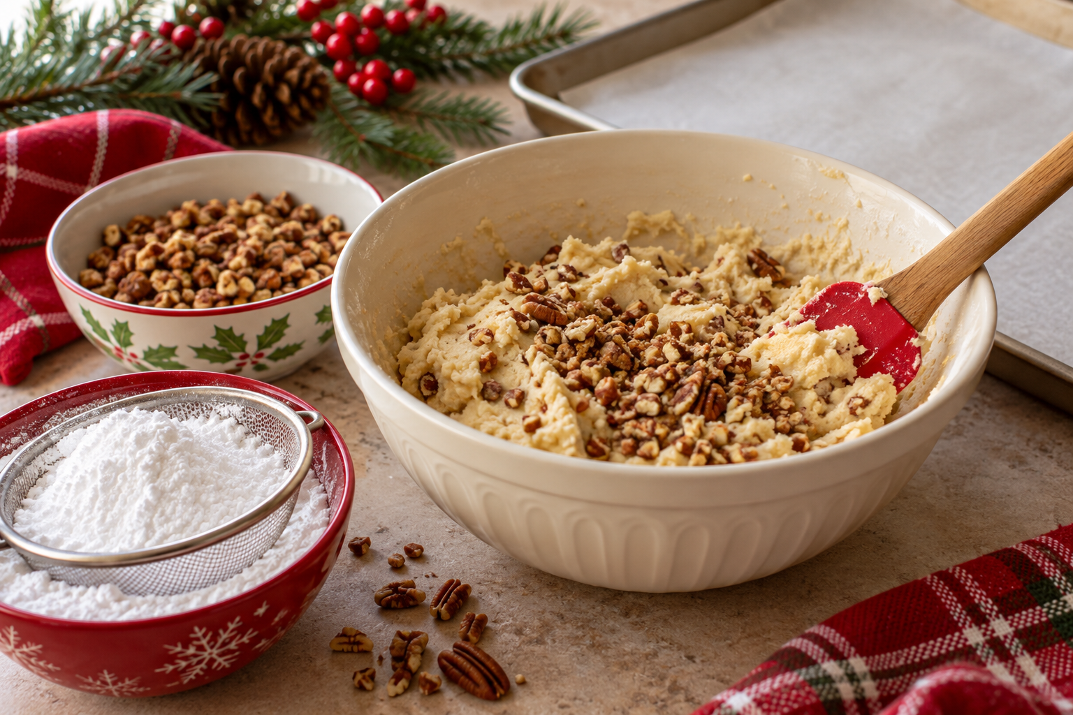Pecan butter dough mixed for Christmas snowball cookies.