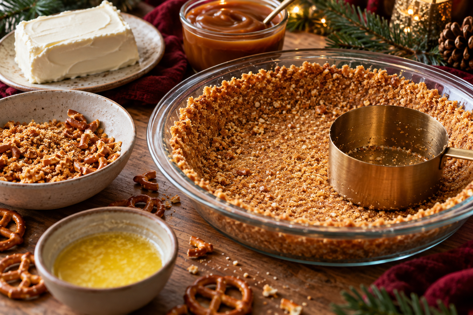 Salted pretzel crumb crust pressed into a pie dish for a no-bake caramel pie.