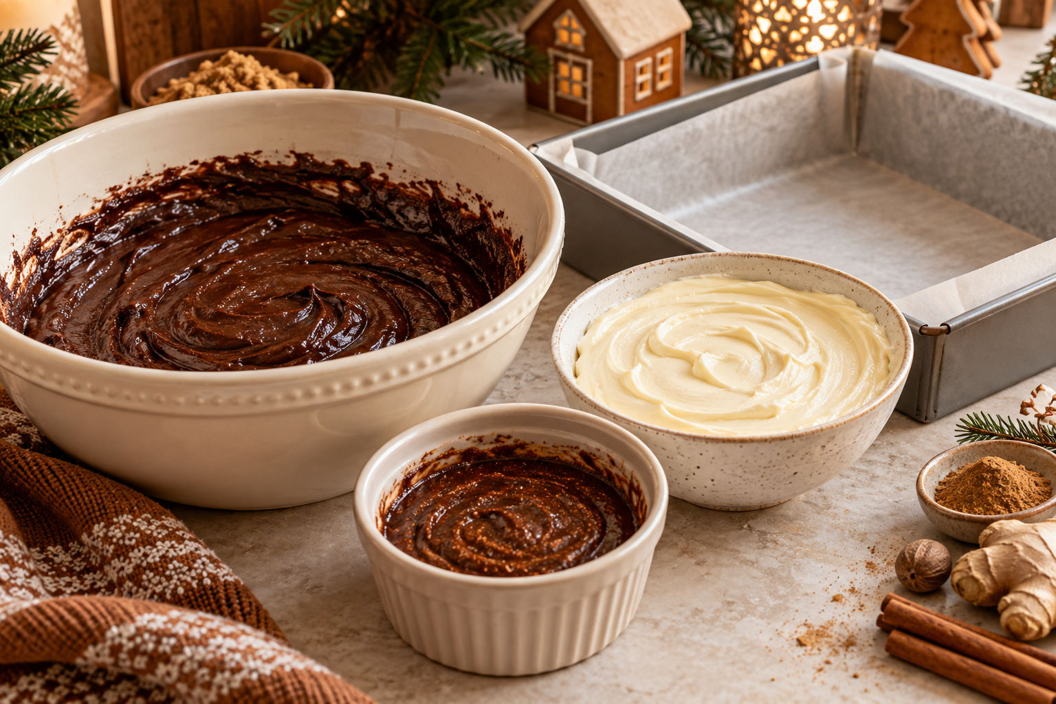 Chocolate batter, cheesecake filling, and gingerbread swirl prepared for brownies.