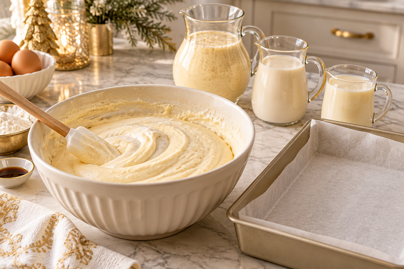 Airy sponge batter and the three milks prepared for eggnog tres leches cake.