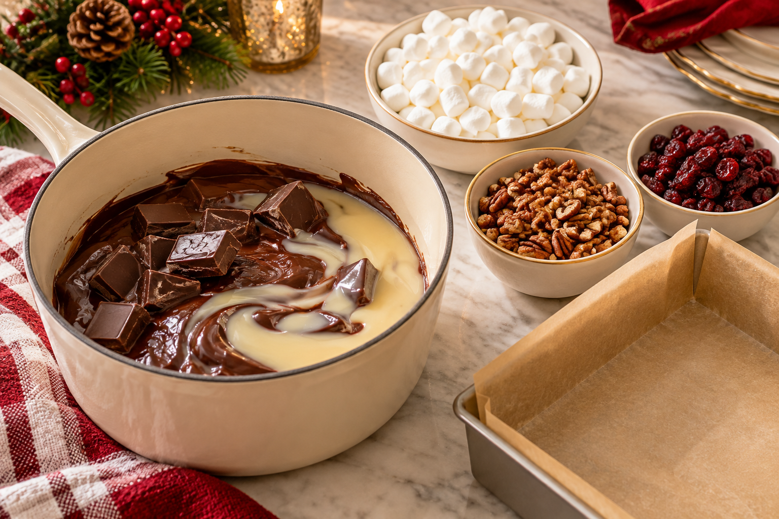 Chocolate fudge base and rocky road additions prepared beside the lined pan.