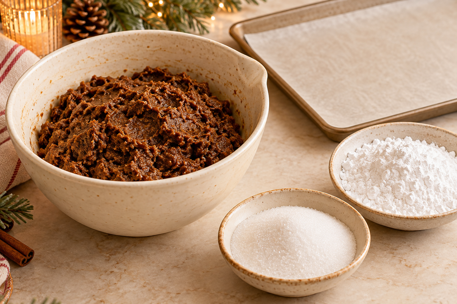 Chilled molasses cookie dough beside the two sugar coatings for gingerbread crinkles.