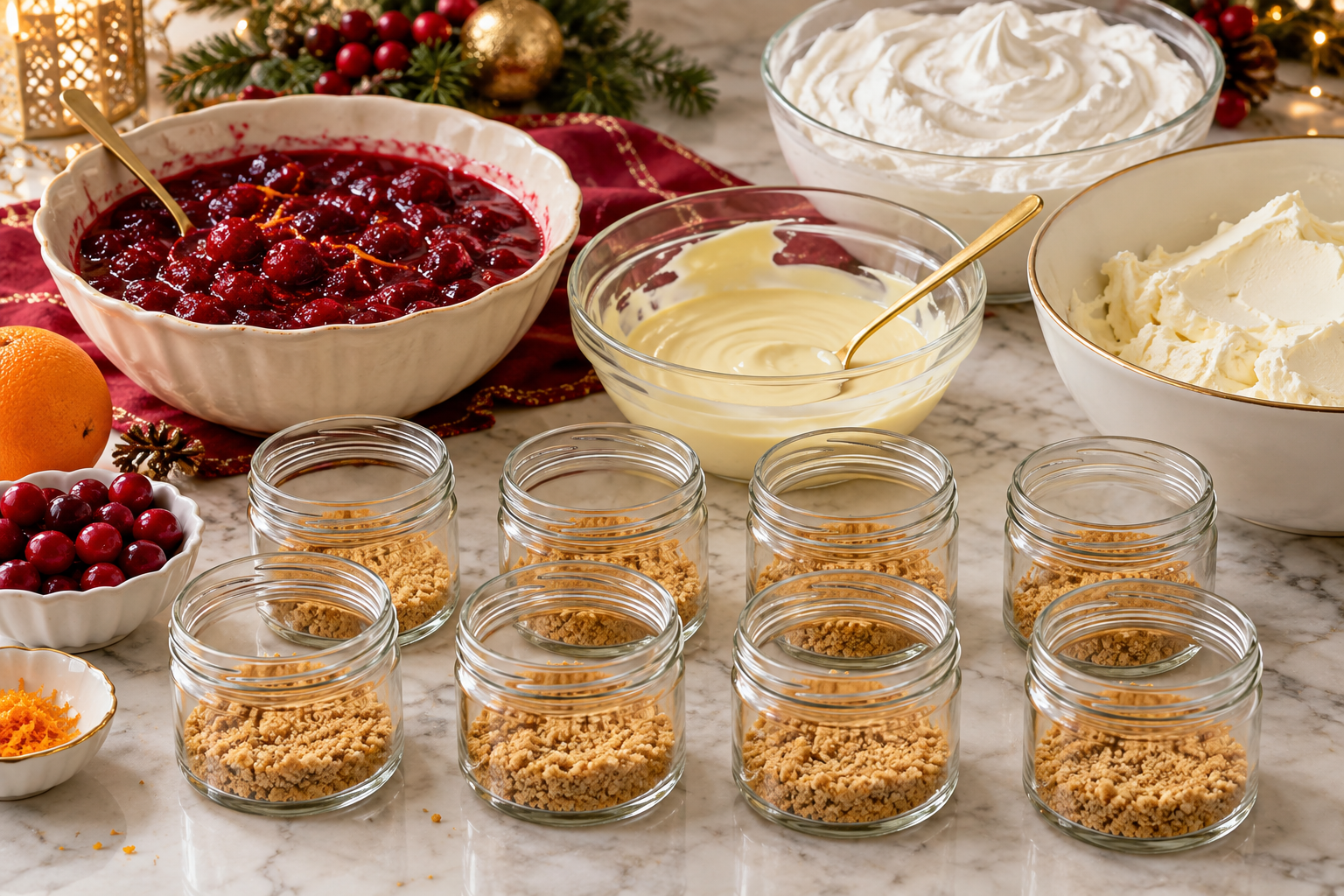 Cranberry compote and white chocolate cheesecake components prepared for dessert jars.