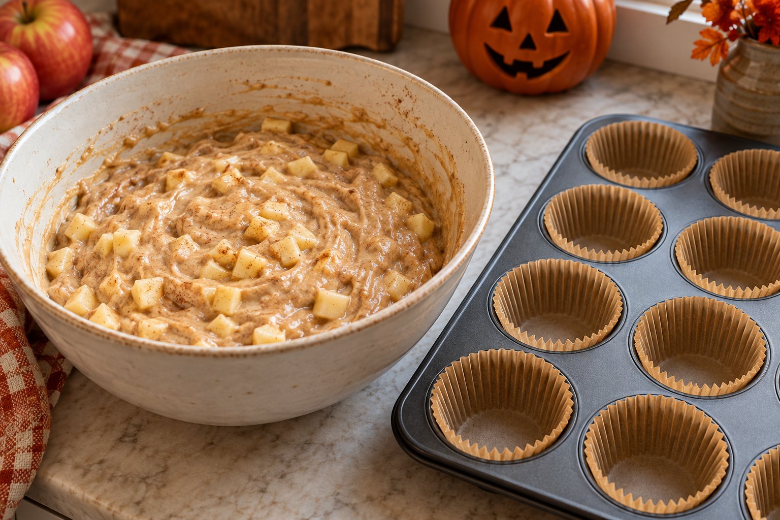 Cinnamon cupcake batter with finely diced apple