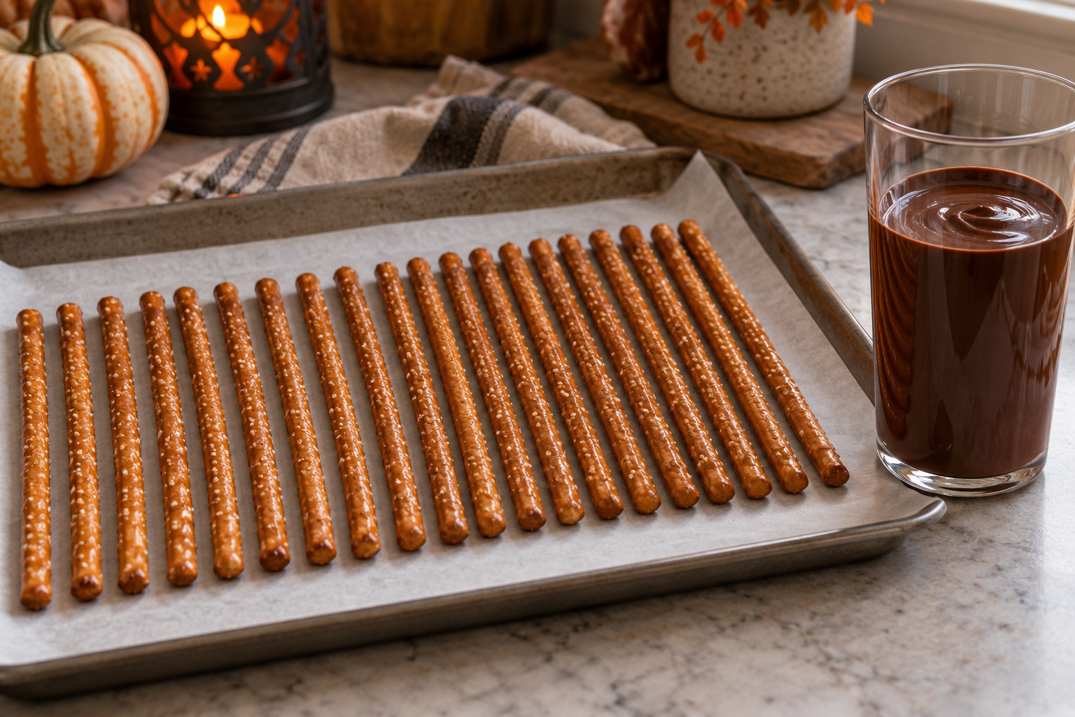 Plain pretzel rods beside melted dark chocolate