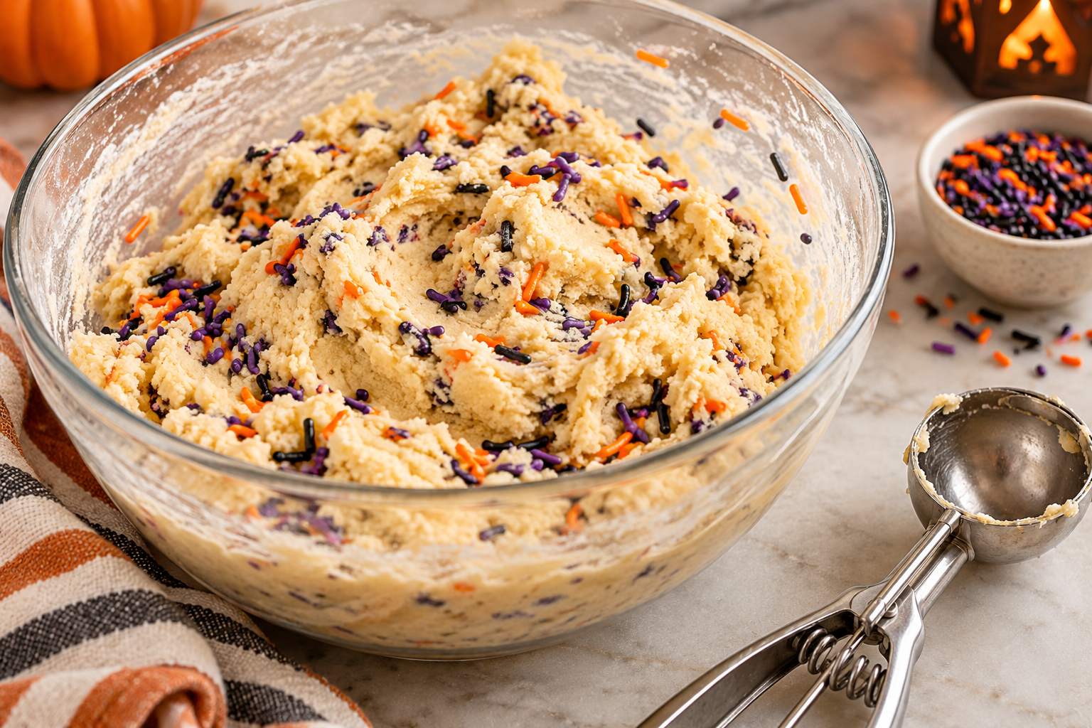 Vanilla cake-cookie dough with Halloween sprinkles