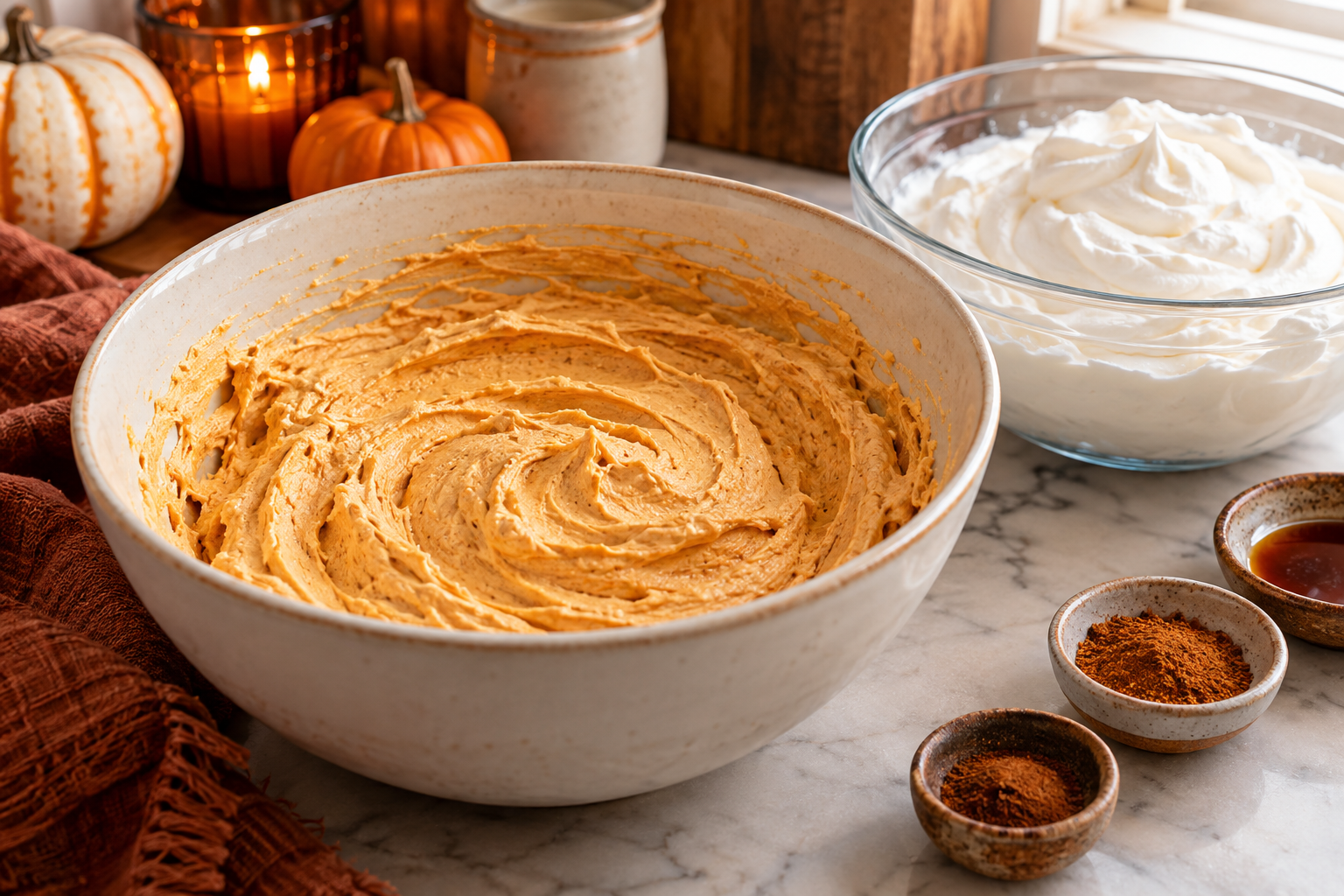 Pumpkin cream cheese mixture beside whipped cream