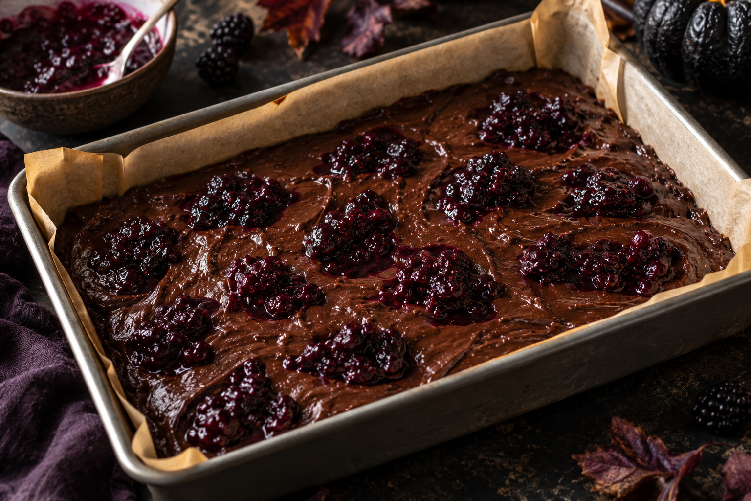 Dark brownie batter dotted with blackberry preserve before swirling