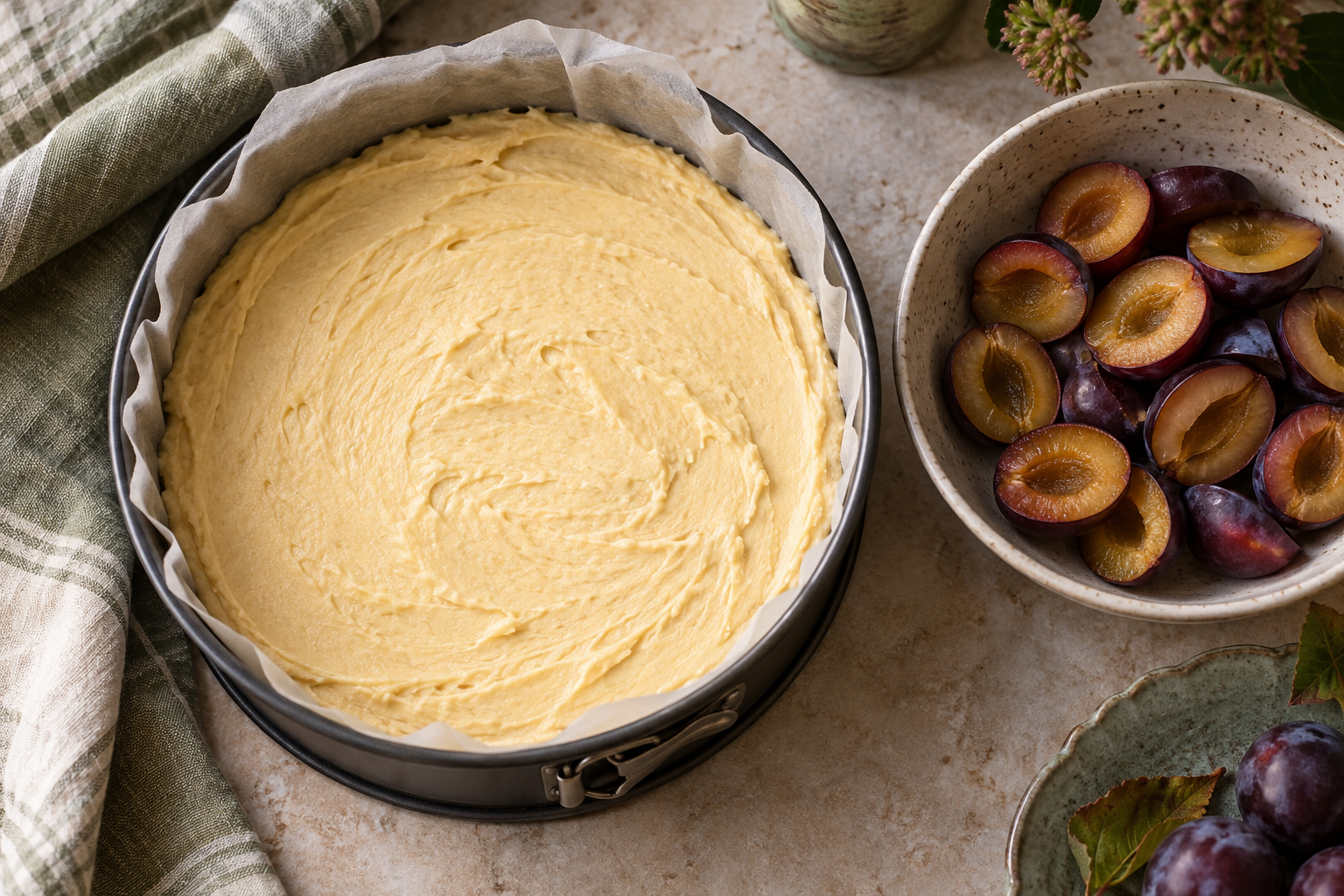 Butter cake batter and halved purple plums before assembly