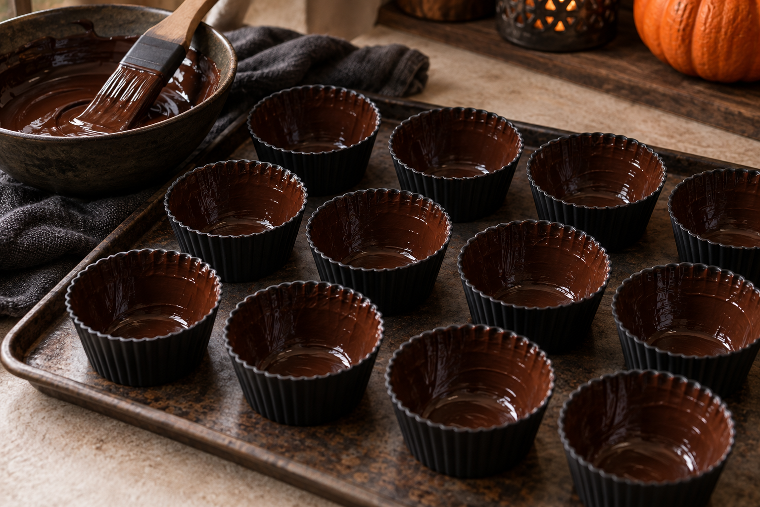 Silicone cups brushed with dark chocolate for cauldron shells