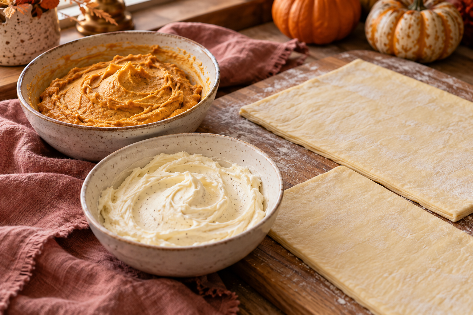 Spiced pumpkin and vanilla cream cheese fillings beside puff pastry