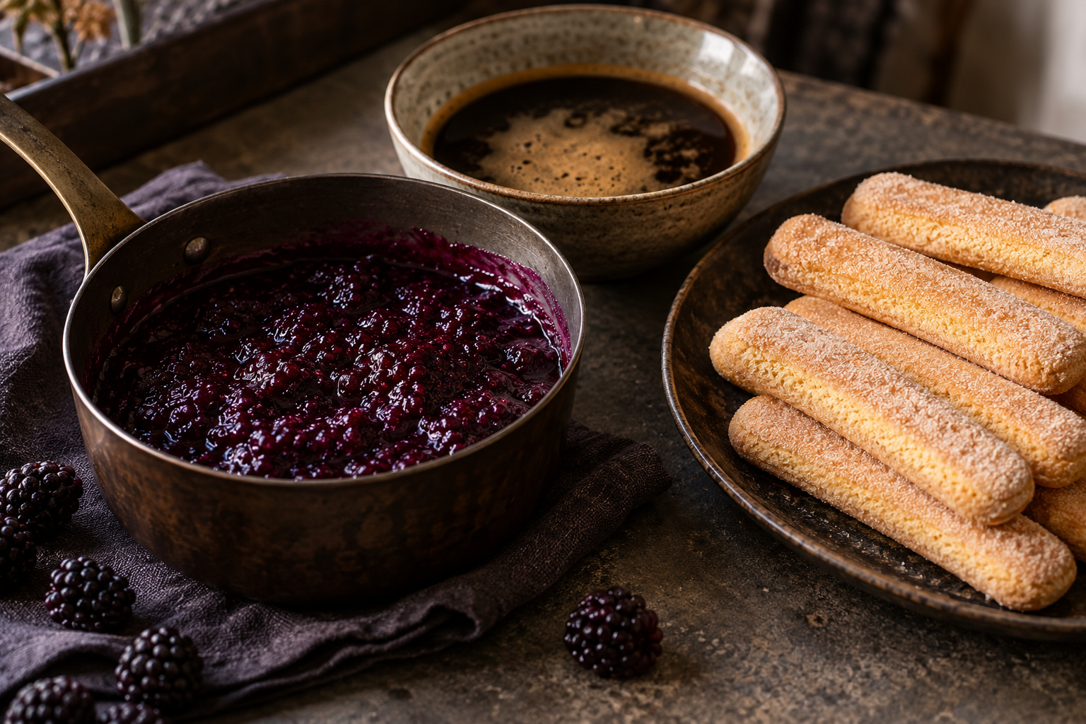 Blackberry sauce, cooled espresso, and ladyfingers for tiramisu