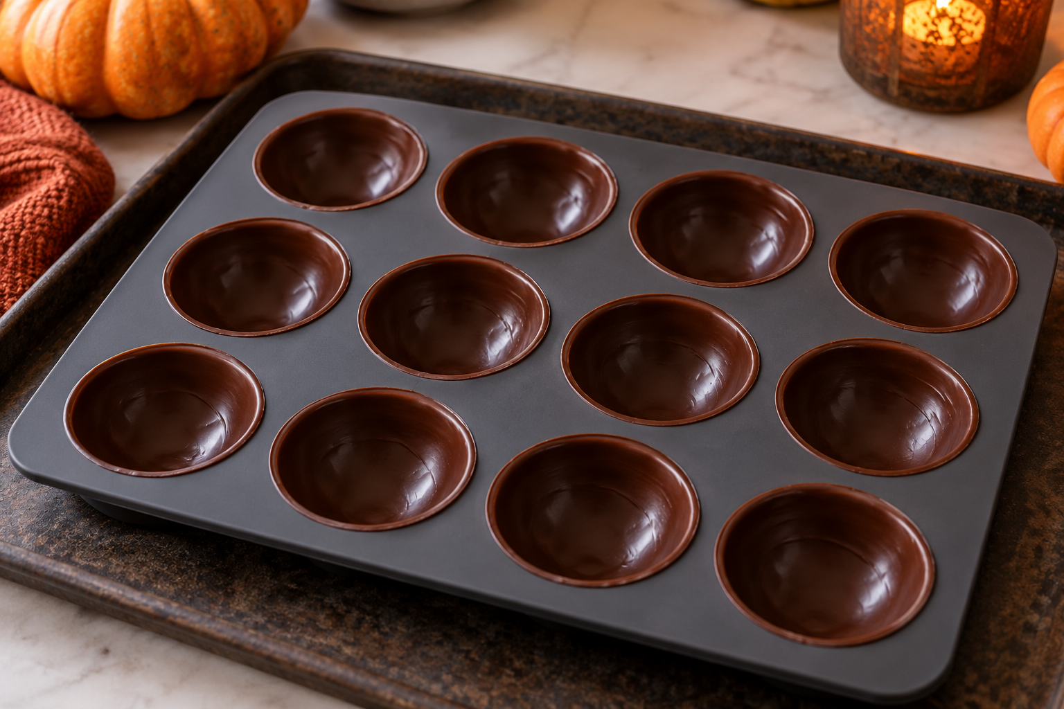 Silicone half-sphere mold coated with dark chocolate