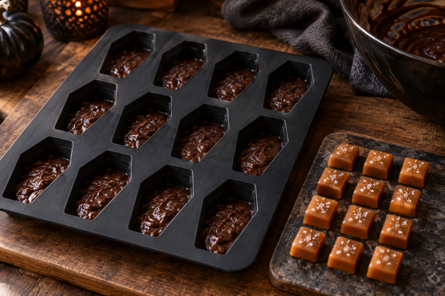 Coffin molds half-filled with black cocoa brownie batter and chilled caramel
