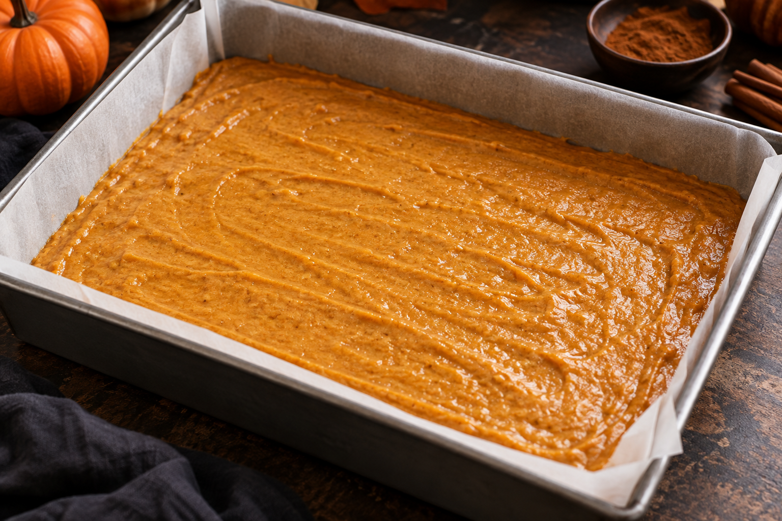 Pumpkin spice cake batter in a parchment-lined rectangular pan