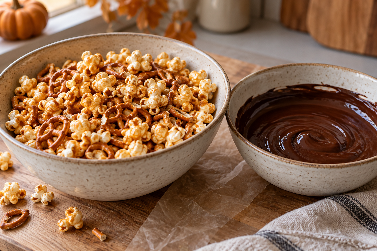 Caramel popcorn and pretzels beside melted dark chocolate
