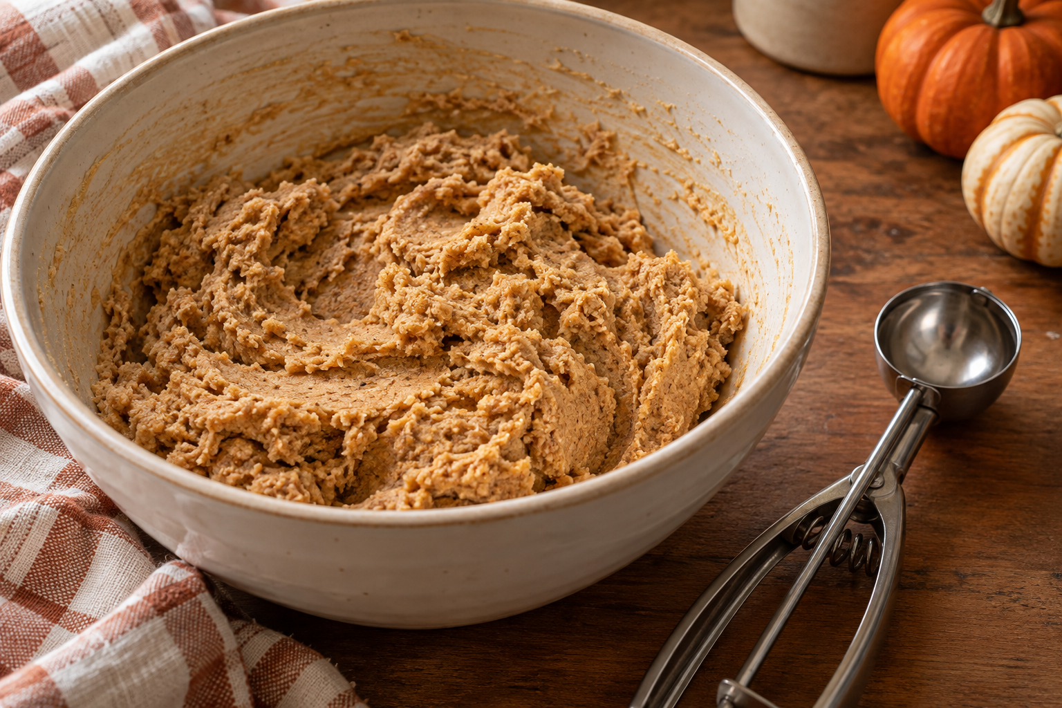 Spiced apple butter cookie dough beside a cookie scoop