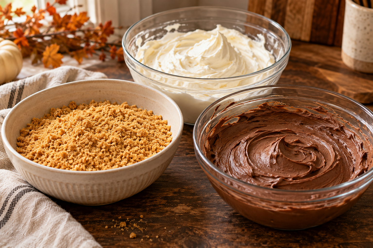 Graham crumbs, chocolate cheesecake mixture, and whipped cream before assembly