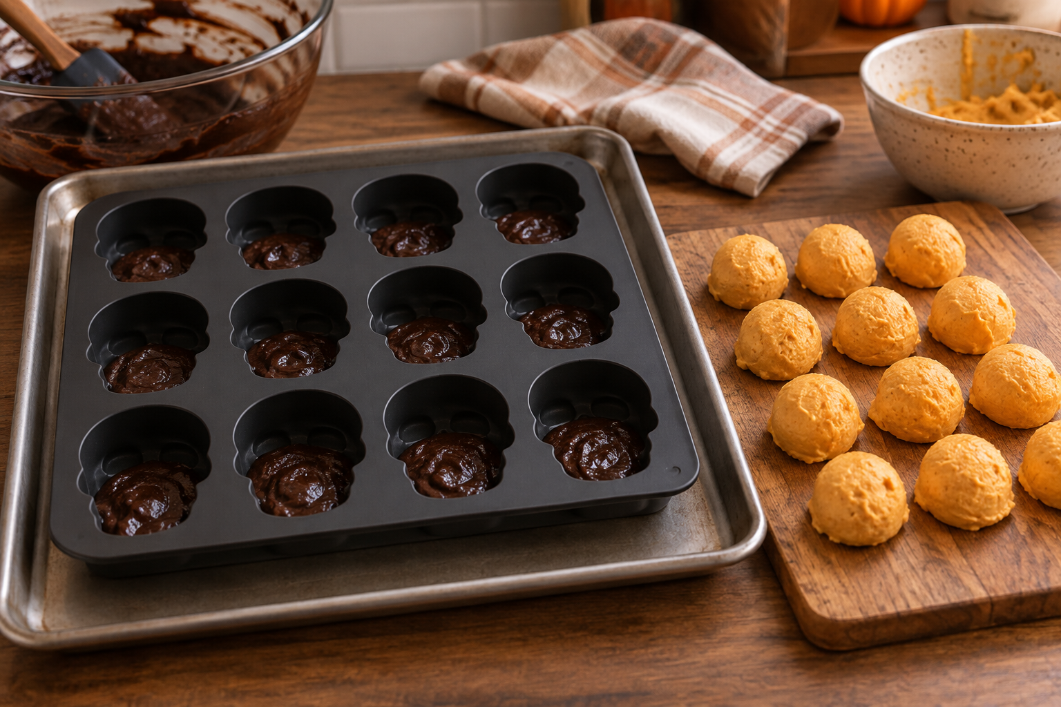Skull molds with brownie batter and chilled pumpkin filling portions