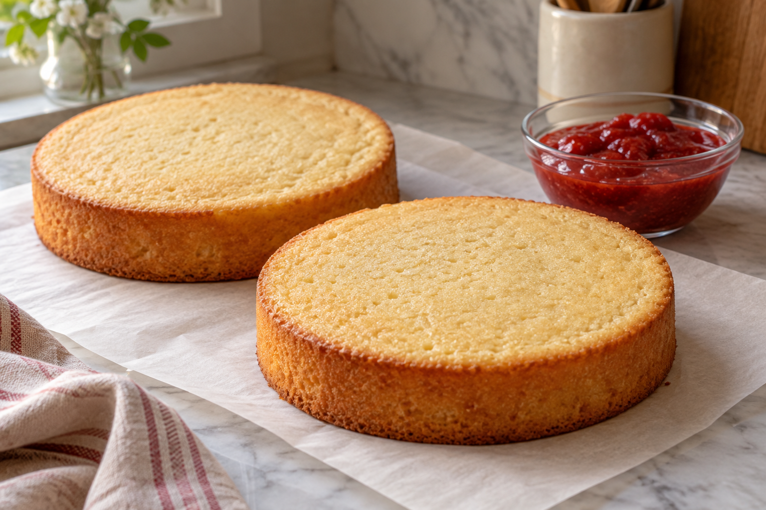 Two vanilla cake layers with strawberry filling ready for assembly