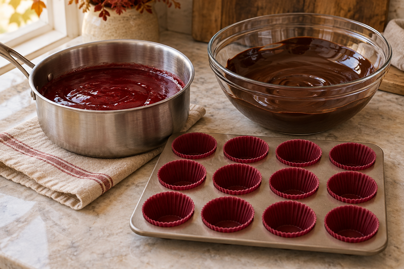 Ruby pomegranate filling beside melted dark chocolate and mini molds