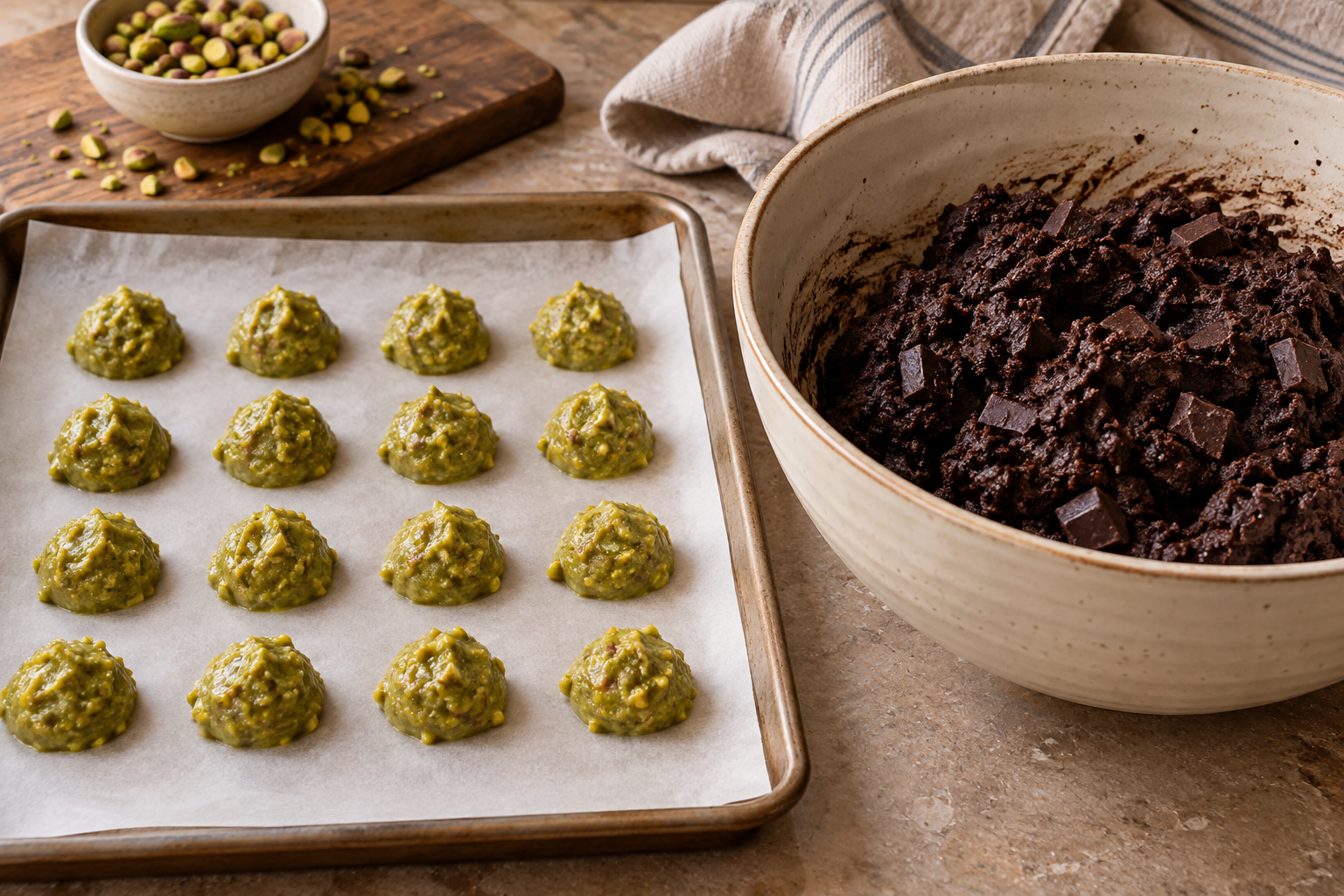 Frozen pistachio cream portions beside black cocoa cookie dough