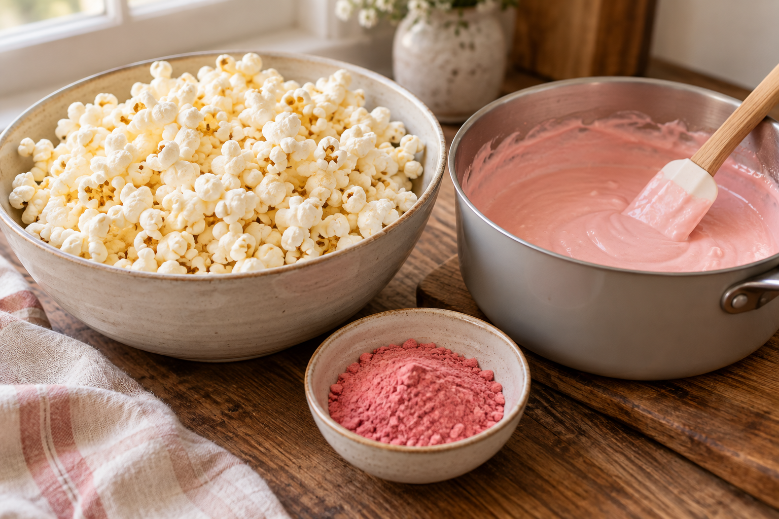 Plain popcorn with pink marshmallow mixture and strawberry powder