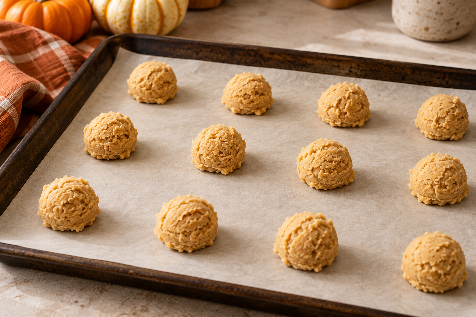 Peanut butter cookie dough portions on parchment before baking