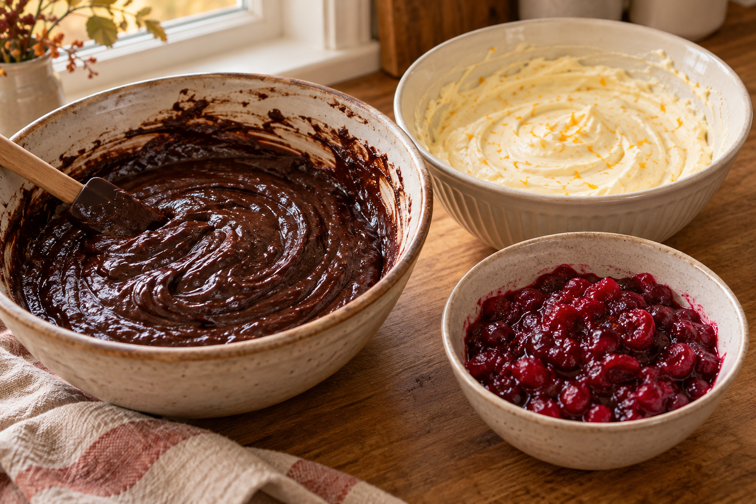 Brownie batter, orange cheesecake mixture, and cranberry compote