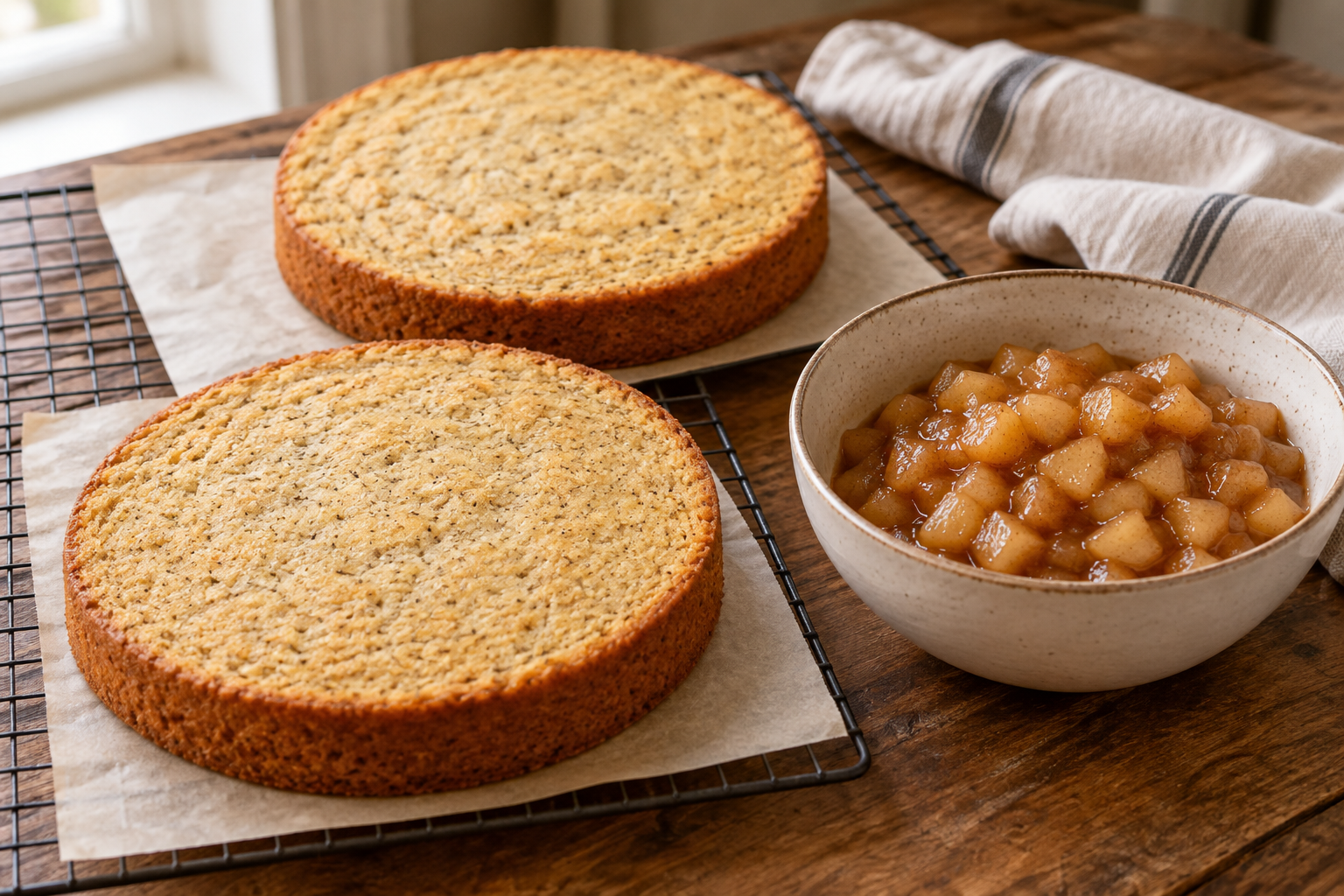 Earl Grey cake layers with caramelized pear filling