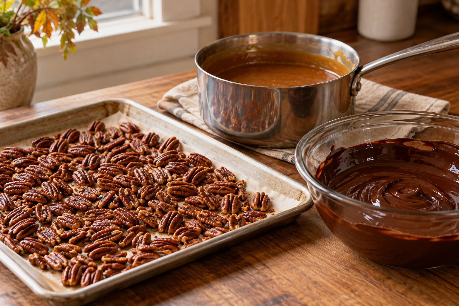 Toasted pecans, maple caramel, and melted dark chocolate