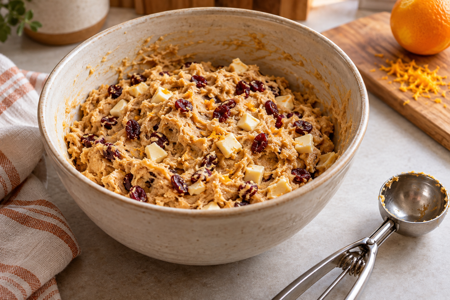 Cranberry orange white chocolate cookie dough beside a scoop