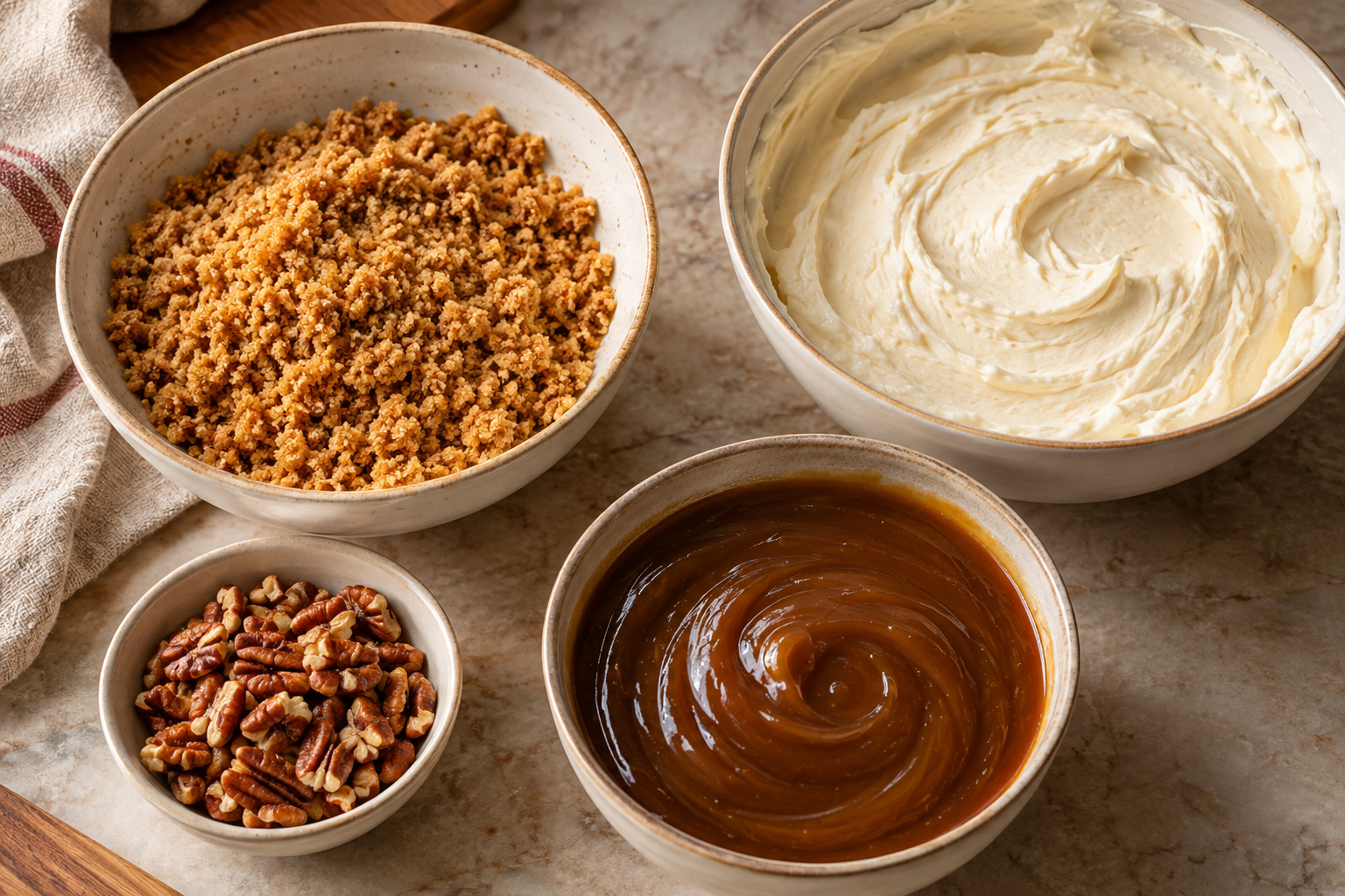 Cookie crumbs, cheesecake filling, date-toffee sauce, and toasted pecans