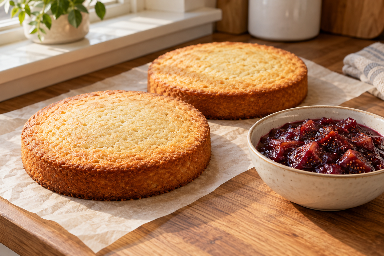 Almond cake layers beside thick fig compote