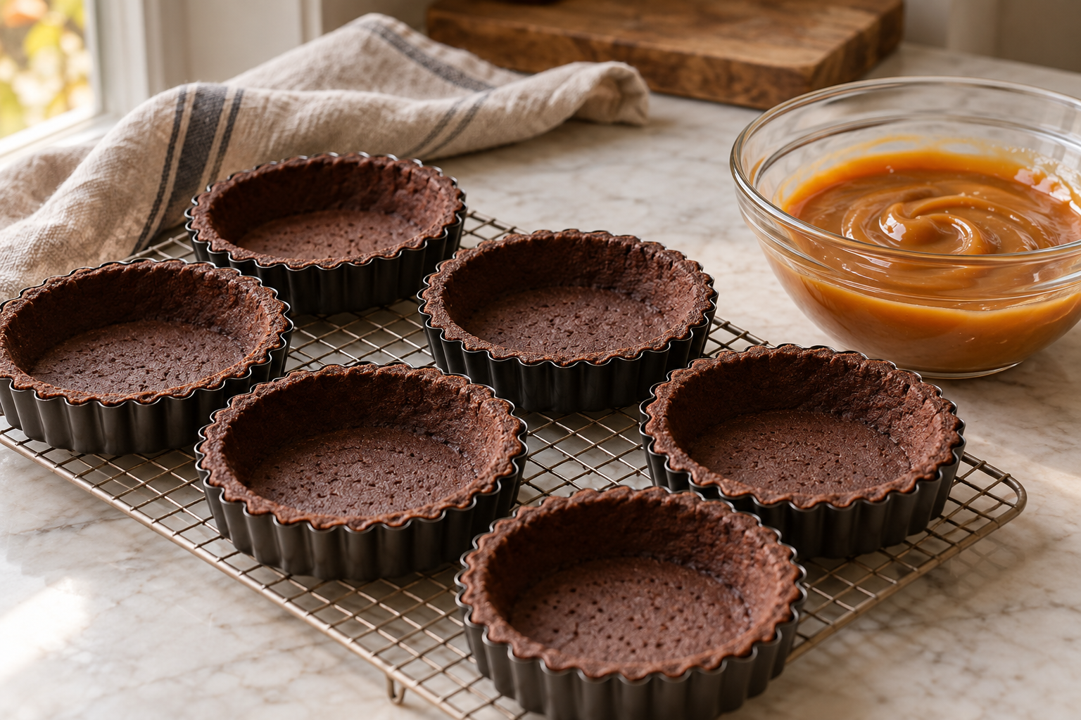 Baked cocoa tartlet shells beside white-miso caramel