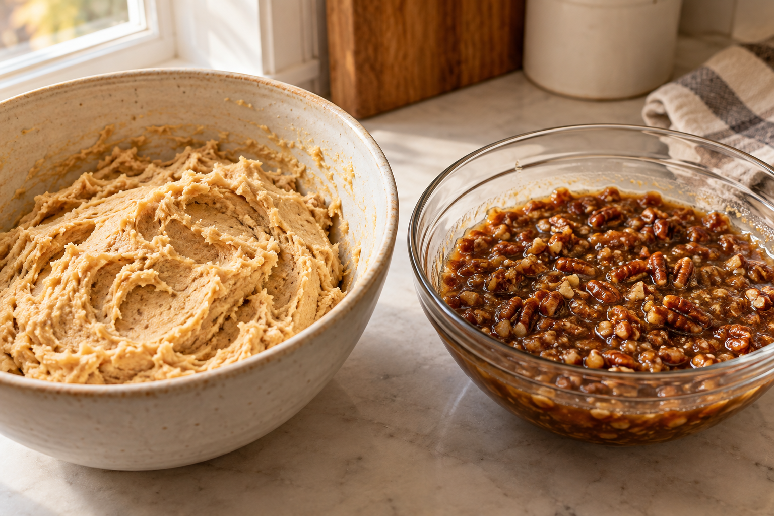 Brown-sugar cookie dough beside maple pecan filling