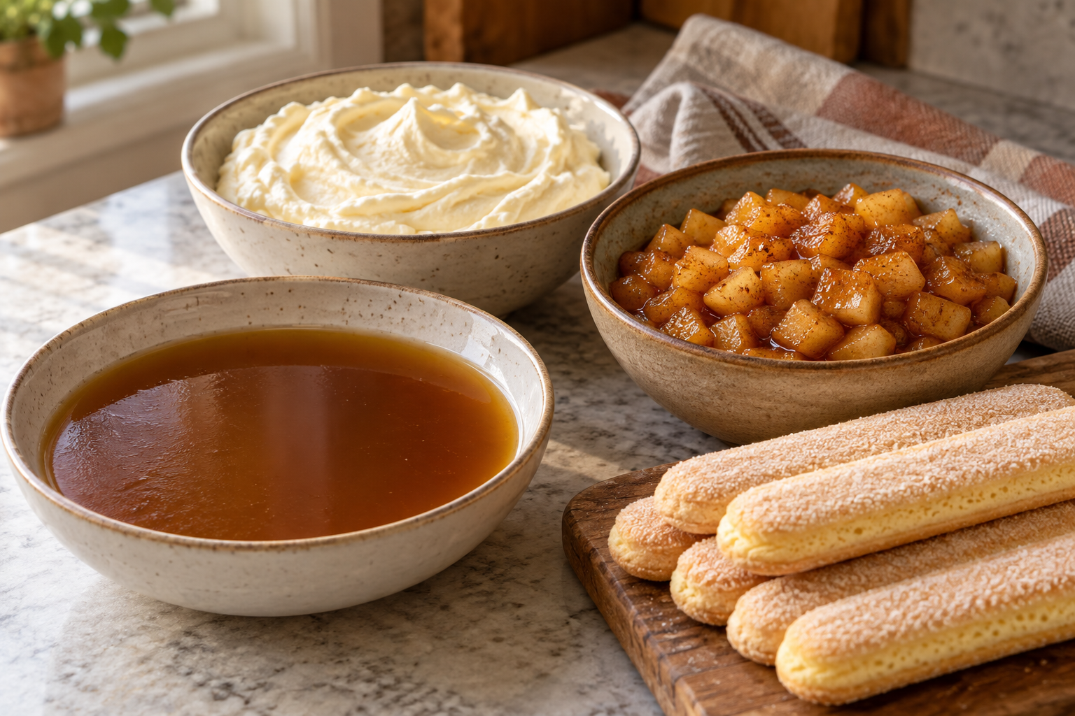 Reduced apple cider, mascarpone cream, cinnamon apples, and ladyfingers