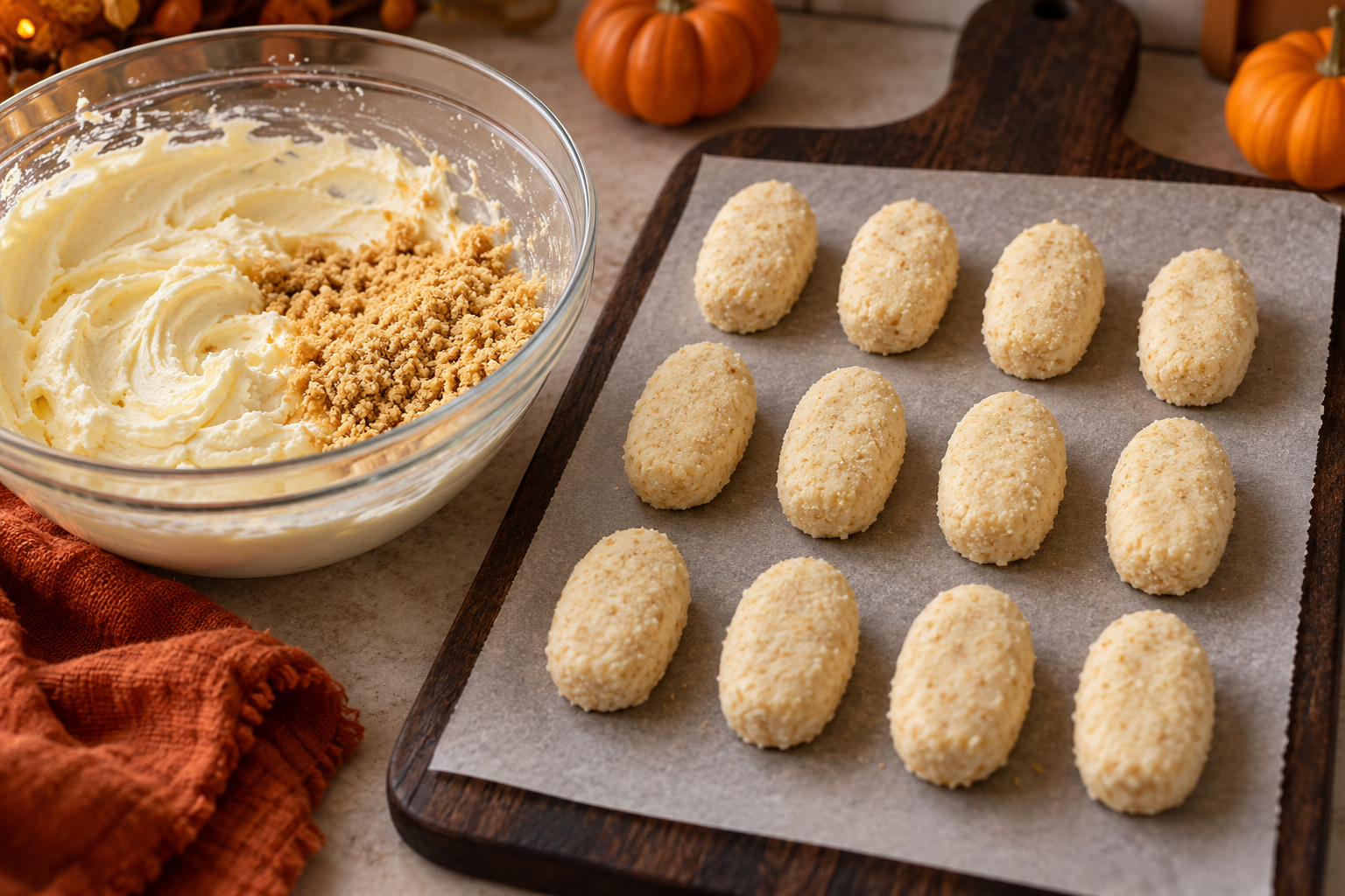 Graham cheesecake mixture shaped into oval centers for mummy pops